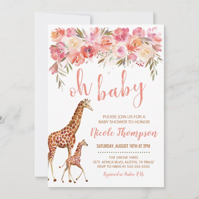 Giraffe Baby Shower Invitation | Pink Floral (Front)