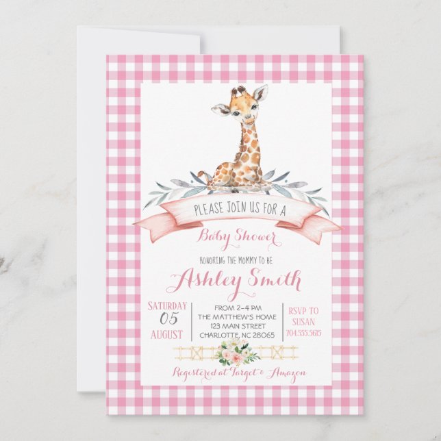 Giraffe baby shower invitation pink girl (Front)