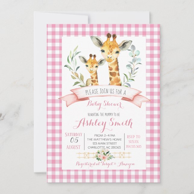 Giraffe baby shower invitation pink girl (Front)
