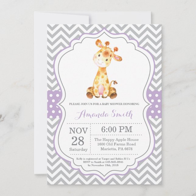 Giraffe Baby Shower Invitation Purple and Grey (Front)