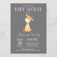 Giraffe Baby Shower Invitation Purple and Grey