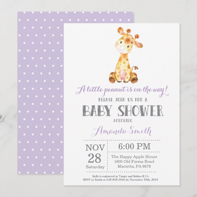 Giraffe Baby Shower Invitation Purple and Grey (Front/Back)