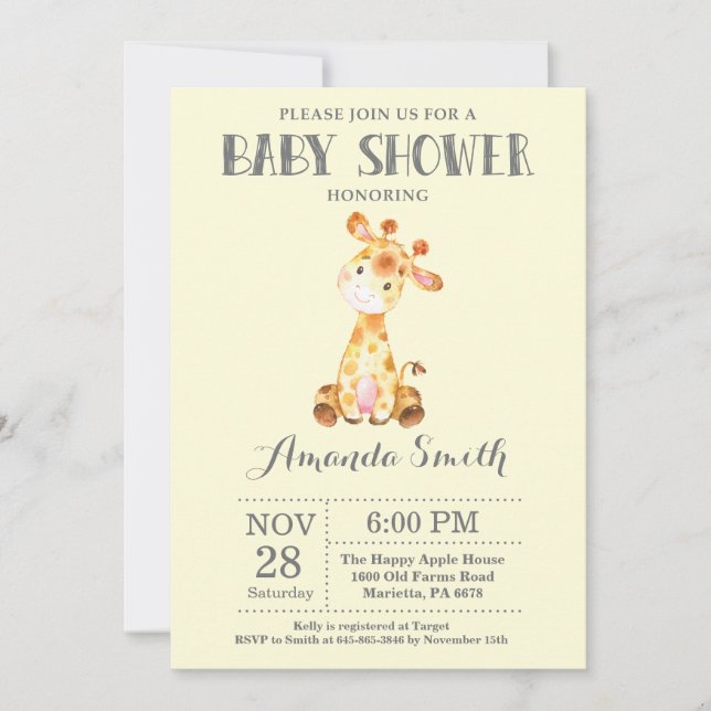Giraffe Baby Shower Invitation Yellow and Grey (Front)