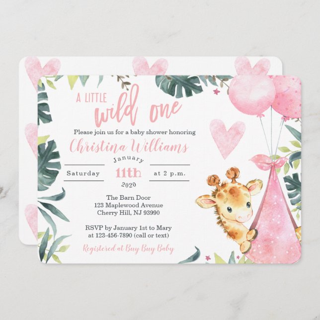 Giraffe Baby Shower Invitations for a Girl (Front/Back)