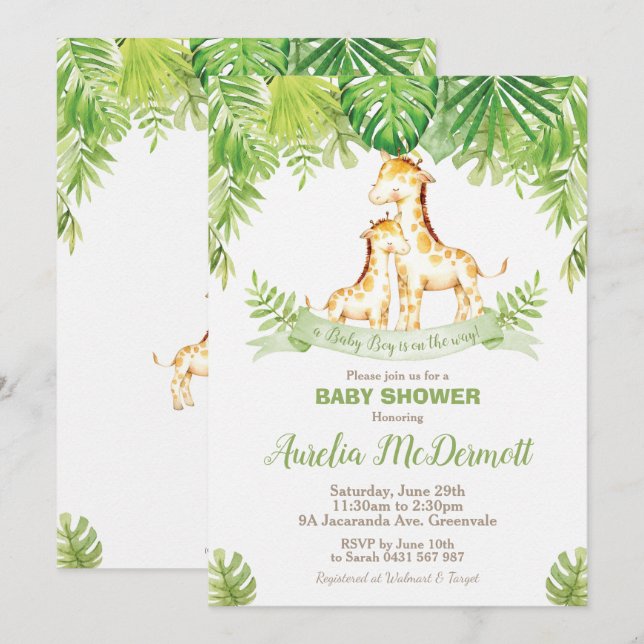 Giraffe Baby Shower Jungle Animals Baby Boy Green Invitation (Front/Back)