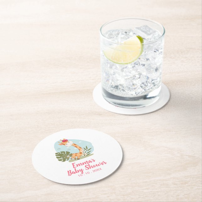 Giraffe Baby Shower Napkin (Girl Safari Animal) Round Paper Coaster (Insitu)