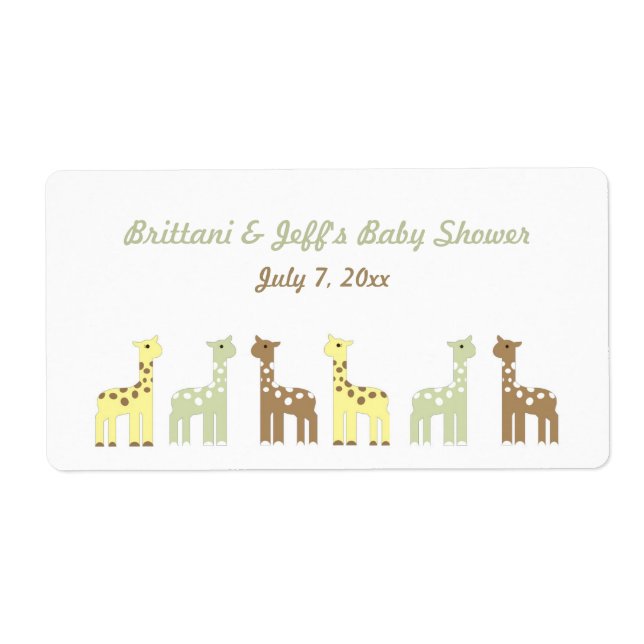 Giraffe Baby Shower Water Bottle or Favour Label (Front)