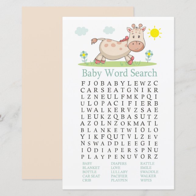 Giraffe Baby Shower Word Search Game (Front/Back)