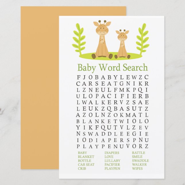 Giraffe Baby Shower Word Search Game (Front/Back)