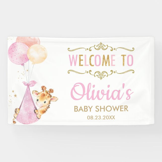 Giraffe Balloons Girl Baby Shower Welcome Backdrop Banner (Horizontal)