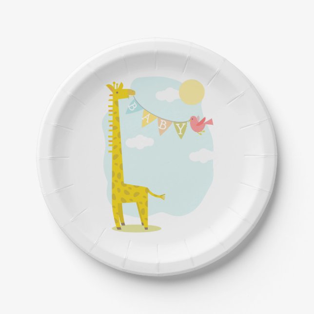 Giraffe + Bird Neutral Baby Shower Paper Plate (Front)