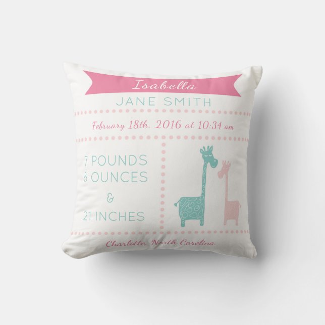 Giraffe Birth Stats Pink Mint Aqua Teal Pillow (Front)