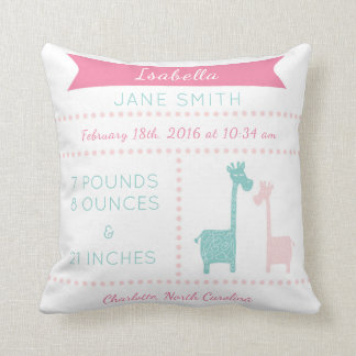 Giraffe Birth Stats Pink Mint Aqua Teal Pillow