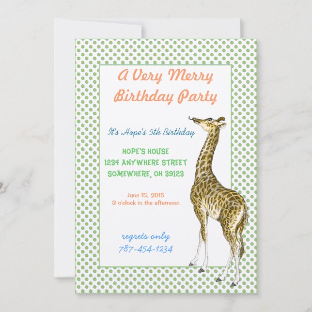 Giraffe Birthday Party Invitation Green Dot Border (Front)