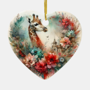 Giraffe Bloomscape Watercolor Floral Safari Ceramic Tree Decoration