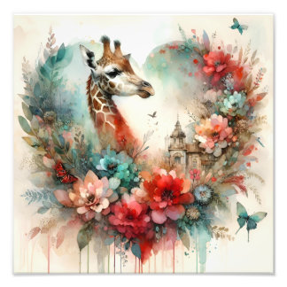 Giraffe Bloomscape Watercolor Floral Safari Photo Print