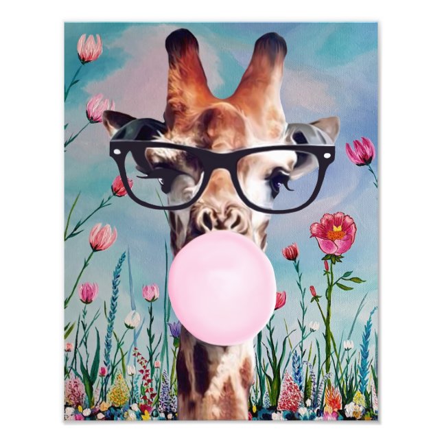 Giraffe Blowing Gum Spring Garden Background Photo Print (Front)