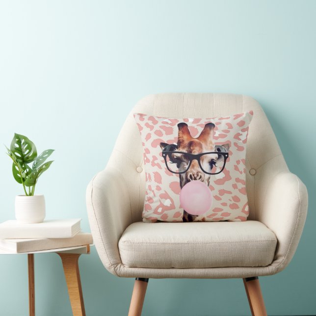 Giraffe Blowing Gum with animal print background Cushion (Chair)