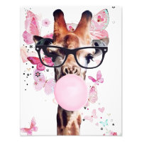 Giraffe Blowing Gum with butterfly background