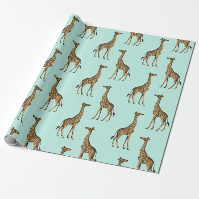 Giraffe Blue and Golden Wrapping Paper (Unrolled)