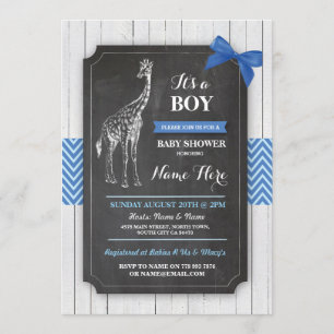 Giraffe Blue Baby Shower Party Boy Wood Invite