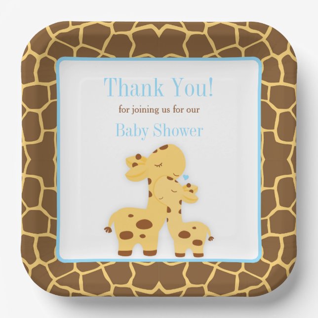 Giraffe Blue Boy Baby Shower Paper Plate (Front)