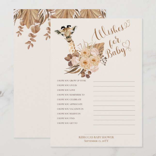 Giraffe Boho Grasses Baby Shower Wishes for Baby Invitation (Front/Back)