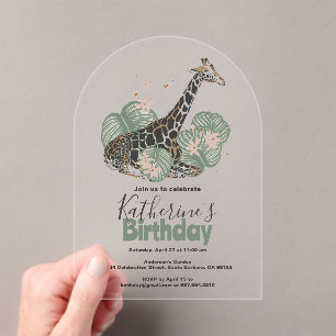 Giraffe Botanical Greenery Animal Birthday Party Acrylic Invitations