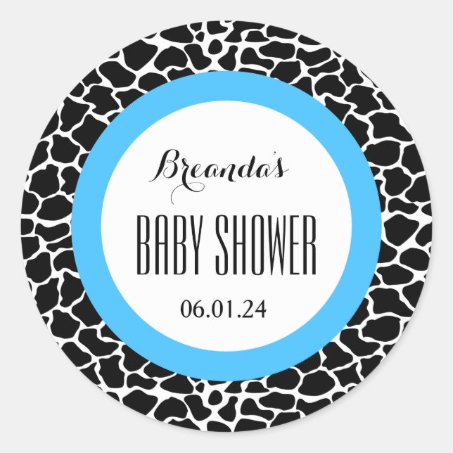 GIRAFFE Boy Baby Shower Name Date V07 BLUE Classic Round Sticker (Front)
