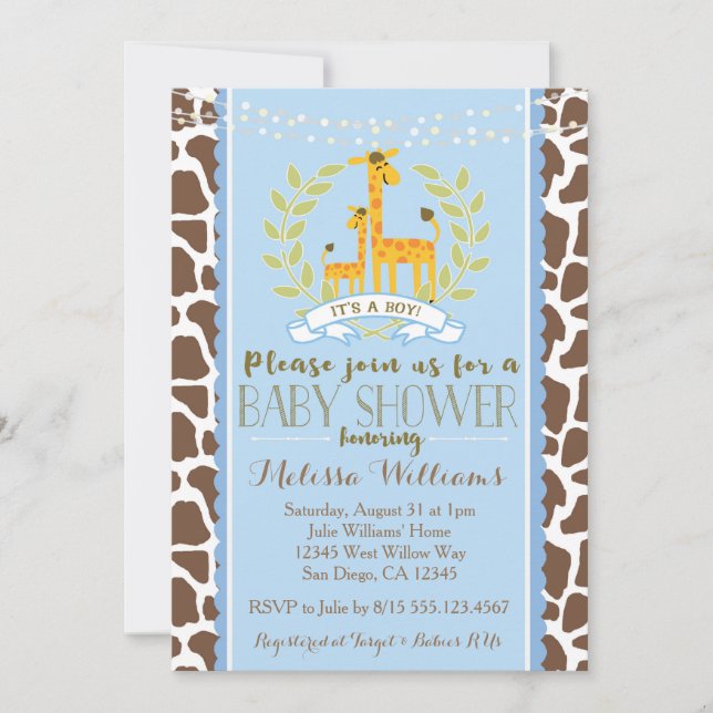 Giraffe Boy Blue Baby Shower Invitation (Front)