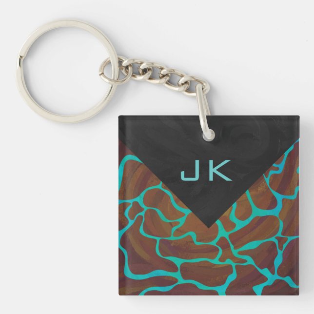 Giraffe Brown and Teal Print Key Ring (Front)