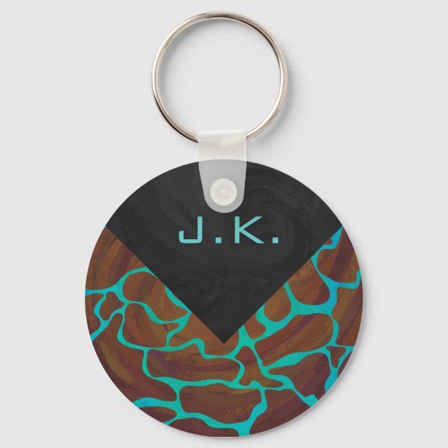 Giraffe Brown and Teal Print Key Ring (Front)