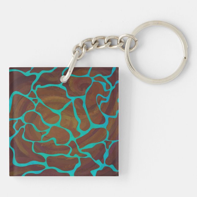 Giraffe Brown and Teal Print Key Ring (Back)