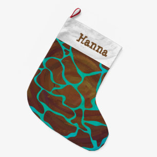 Giraffe Brown and Teal Print Large Christmas Stocking
