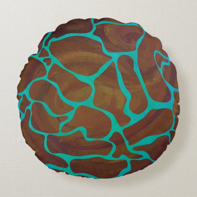 Giraffe Brown and Teal Print Round Cushion (Front)