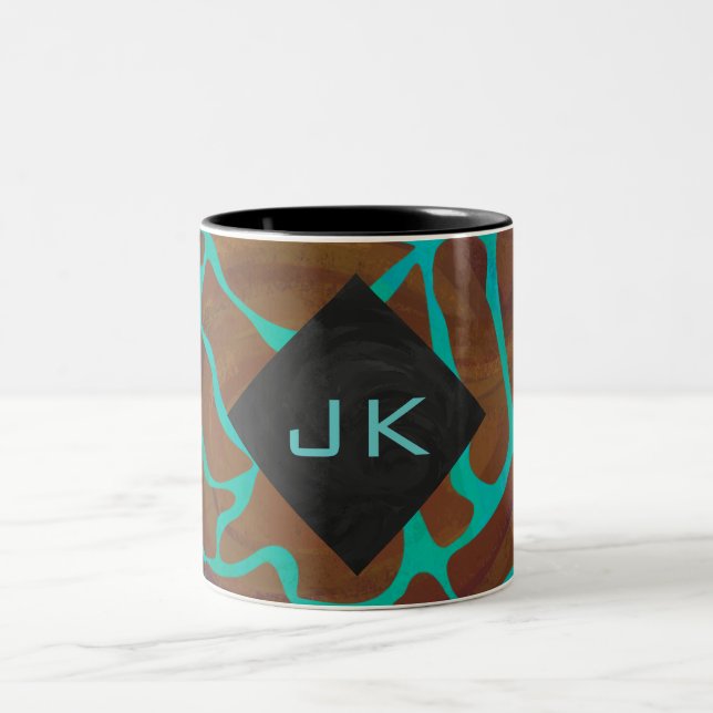 Giraffe Brown and Teal Print Two-Tone Coffee Mug (Center)