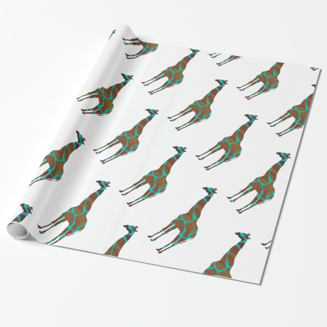 Giraffe Brown and Teal Print Wrapping Paper (Unrolled)