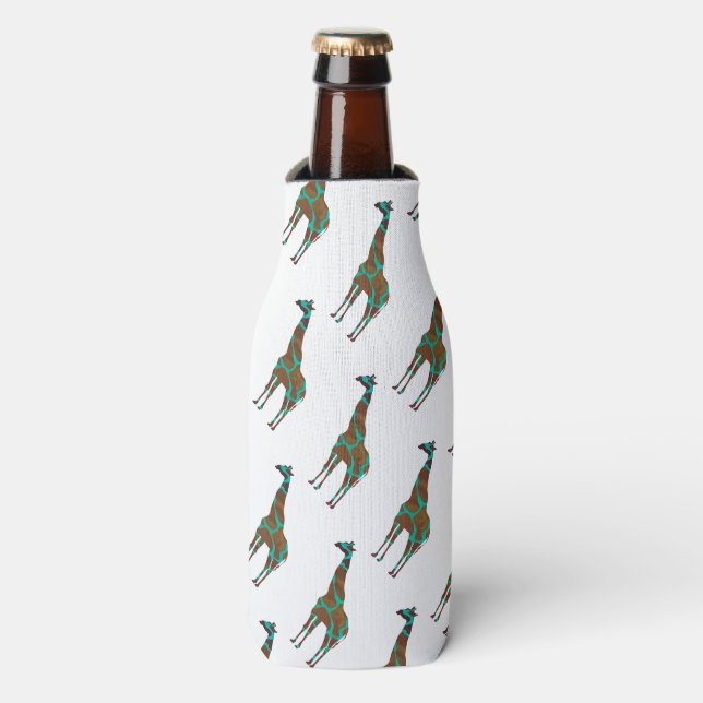 Giraffe Brown and Teal Silhouette Bottle Cooler (Bottle Front)