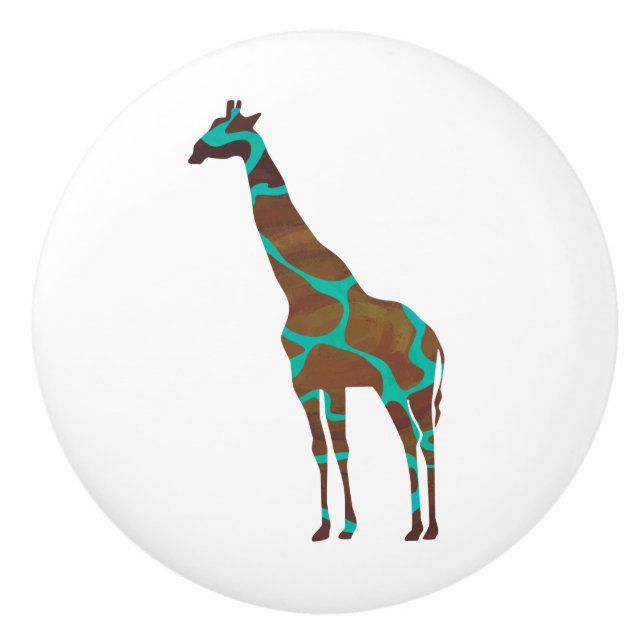 Giraffe Brown and Teal Silhouette Ceramic Knob (Front)
