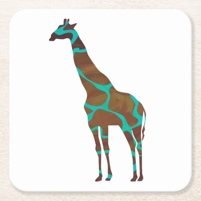 Giraffe Brown and Teal Siloette Square Paper Coaster (Front)
