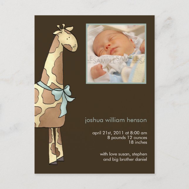 Giraffe Brown/Blue • Birth Announcement Postcard (Front)