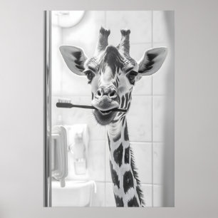 Giraffe Brushing Teeth Print, Funny Bathroom Poster