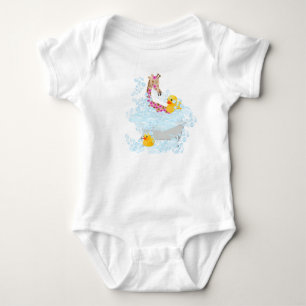 Giraffe, bubble bath, and rubber duckies baby bodysuit