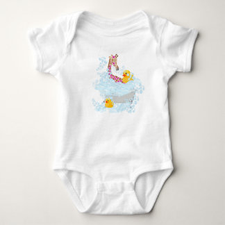 Giraffe, bubble bath, and rubber duckies baby bodysuit