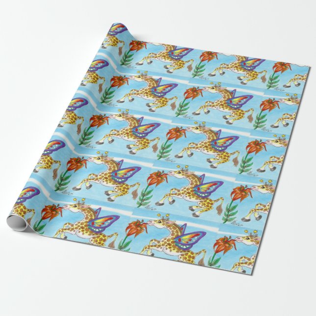 Giraffe Butterfly Sipping on a Lily Fantasy Art Wrapping Paper (Unrolled)