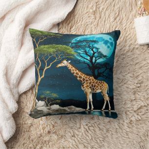 Giraffe by the Lake Under a Full Moon Night Cushion