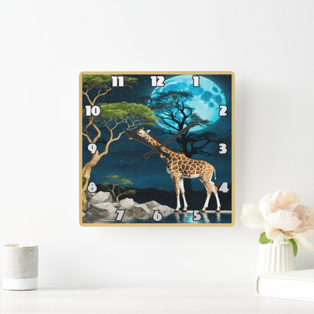 Giraffe by the Lake Under a Full Moon Night Square Wall Clock (Home)