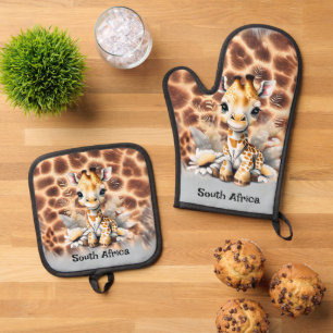 Giraffe cartoon jungle safari animal keepsake oven mitt & pot holder set
