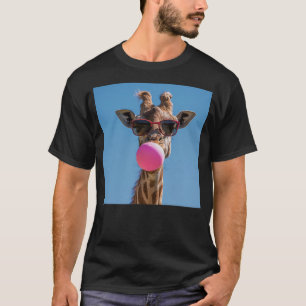 Giraffe chewing Pink Bubble gum and Wearing Sungla T-Shirt