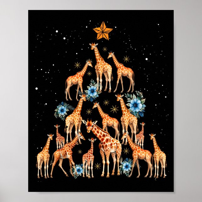 Giraffe Christmas Tree Floral Giraffe Xmas Lights  Poster (Front)
